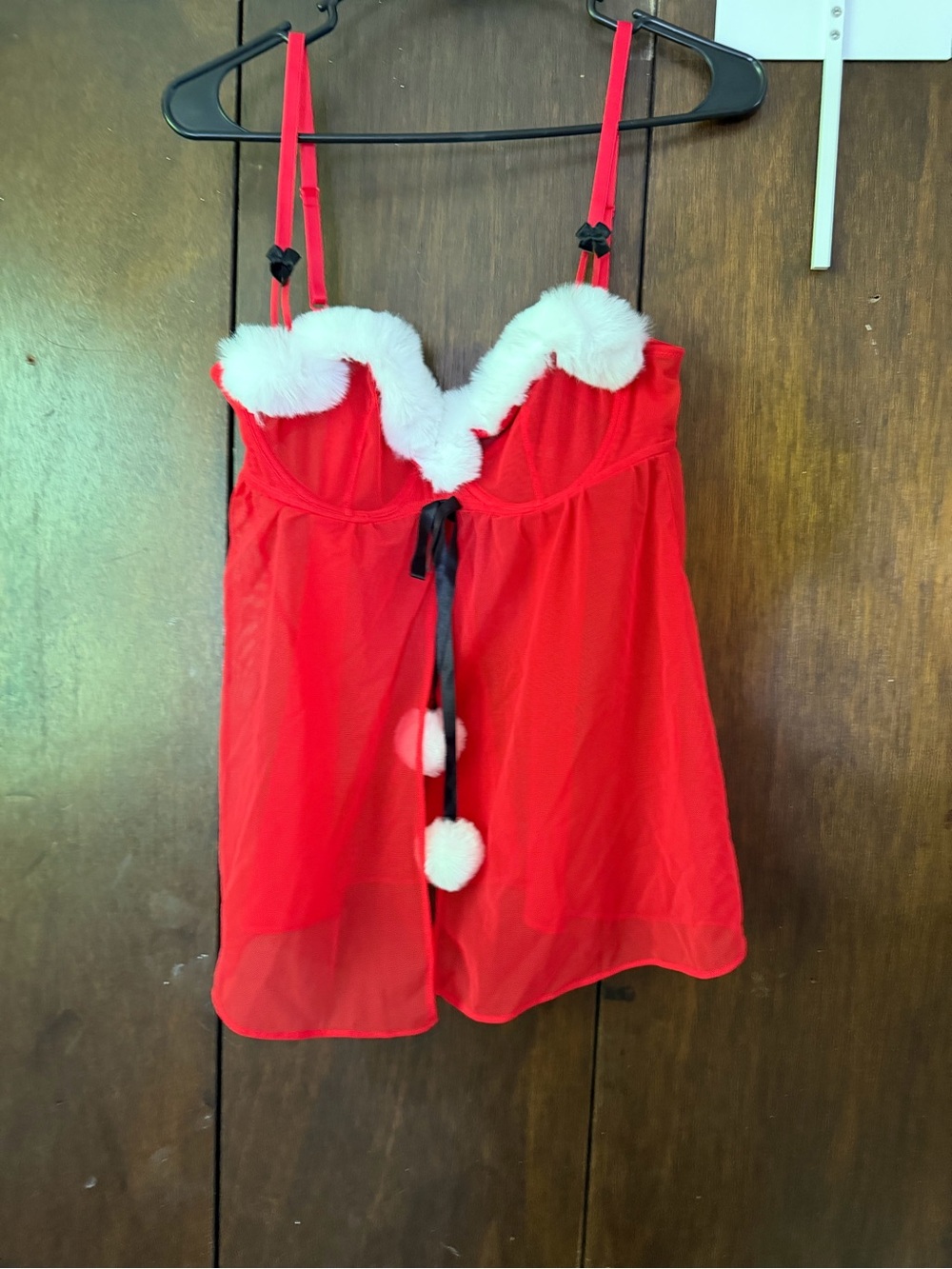 Adore Me Red Sheer Chemise with White Faux Fur Trim and Pom-Pom Tie